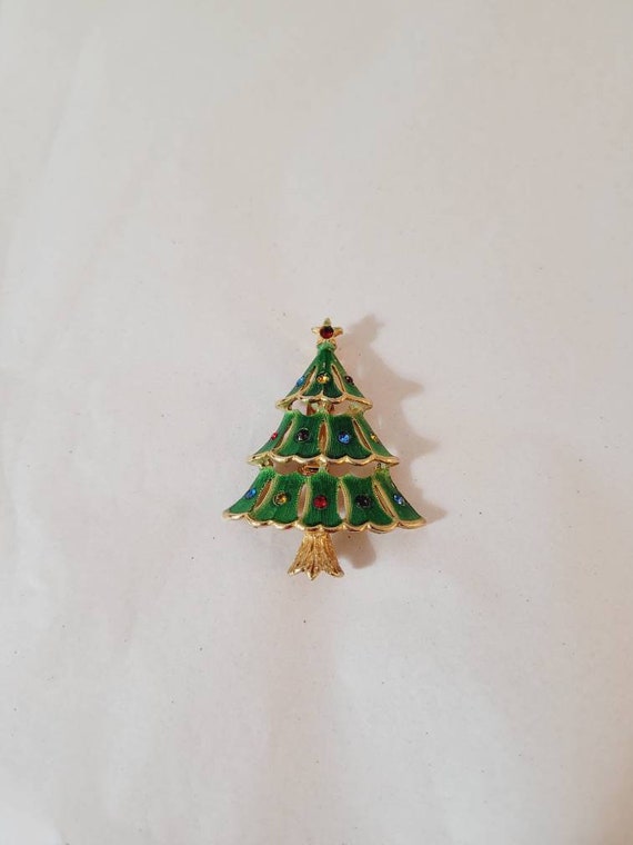 1960s JJ Jonette Green Enamel Rhinestones Christma