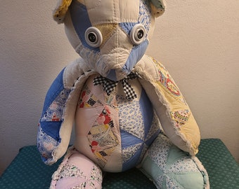 Vintage Quilted Patchwork Teddy Bear – Repurposed Antique Quilt, 24.5" Handmade Stuffed Animal