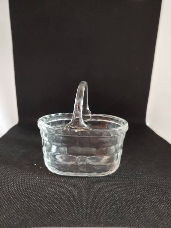Vintage clear glass basket with tall handle basketweave Etsy