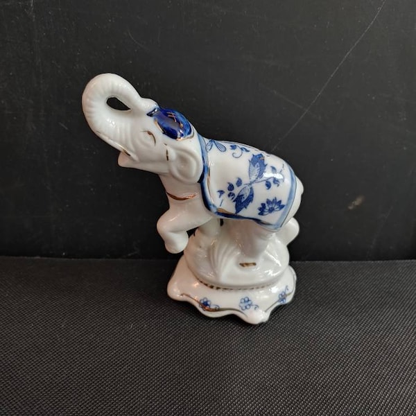 Vintage porcelain blue, white dancing elephant figurine,Porcelain Elephant ,Elephant Figurine,