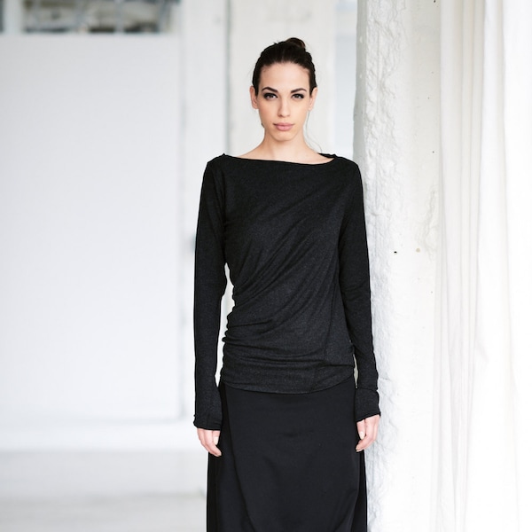 Charcoal Melange Drape Top: Long Sleeve Loose Blouse