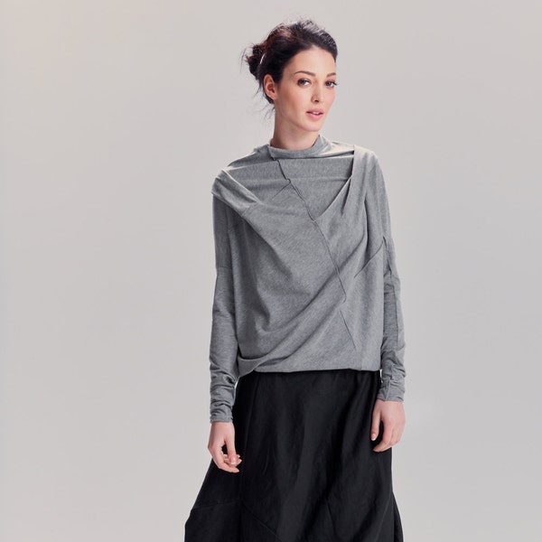 Heather Gray Top / Long Sleeved Cotton Blouse / Oversized Gray Top / Arya Yoga Clothes / Asymmetrical Blouse by AryaSense / TPRD12LG