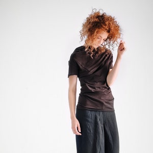 Casual Dark Brown Top/ Short Sleeved Draped Blouse/ Minimalist / Soft Womens Asymmetrical Top AryaSense/ TDRK14DBR