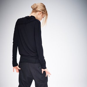 Minimalist Black Top, Long Sleeved Top, Black Women&#39;s Blouse, Raw Seams Top, Plus Sizes Casual Top, Asymmetrical Black Top AryaSense, 1070BL