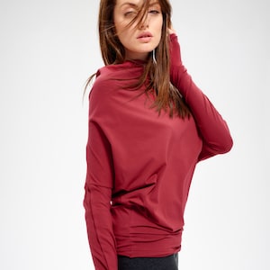 Red Batwing Top, Oversized Cotton Blouse, Long Sleeve Womens Top