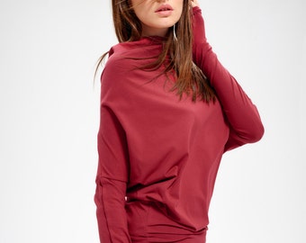 Red Batwing Top, Oversized Cotton Blouse, Long Sleeve Womens Top