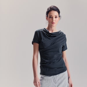 Handmade Muted Blue Cotton Drape Top: Asymmetric Short Sleeve Blouse
