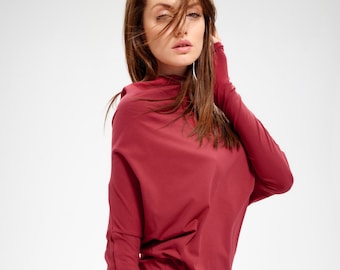 Red Top, Oversized Long Sleeved Blouse, Maxi Women Blouse, Casual Red Blouse, Yoga Top, Ruby Bat Top, Loose Top Arya Sense, BATD14RR