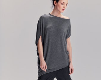 Asymmetrical Heather Grey Top / Handmade Short Sleeved Blouse / Minimalist Loose Tunic / Draped Casually Blouse by AryaSense/ 1KDGR16