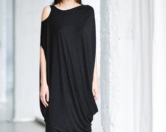 Sleeveless Charcoal Dress, Minimalist Maxi Tunic Top, Asymmetrical Draped Dress, Oversized Womens Clothing