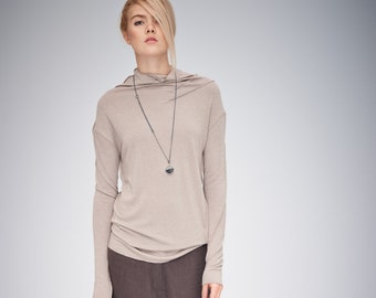 Cappuccino Minimalist Top / Long Sleeved Top / Beige Polo Blouse / Casual Top / Asymmetrical Top AryaSense TPPD14BEG