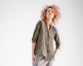 Modern Shirt / Oversized Shirt/ Casual Sleeved Cottoned Shirt / Khaki Open Back Shirt/ Button-down Asymmetrical Shirt AryaSense 5GGRBKHLS16
