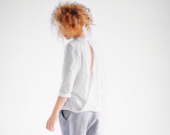 Classic White Shirt / Loose White Shirt / Minimalist 3/4 Sleeved Cottoned Shirt / Asymmetrical Button-down Shirt by AryaSense / SHCNB16WHT