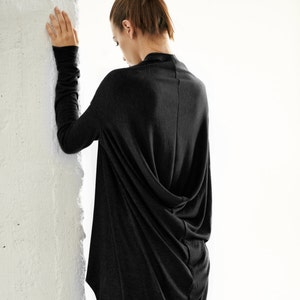 Black Draped Tunic Top: Long Sleeve Polyvisco Knit