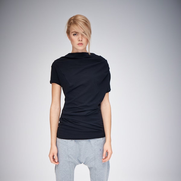 Handmade Black Asymmetrical Cotton Top: Short Sleeve Drape Blouse