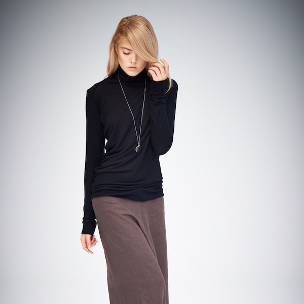 Black Turtleneck Top: Handmade Asymmetrical Polyvisco Blouse