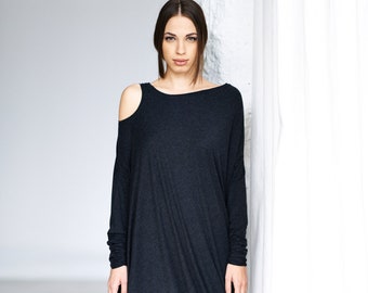 Minimalist Maxi Dress, Charcoal Tunic Dress, Modern Asymmetrical Midi Dress, Drape Top