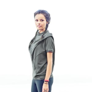 Military Green Cotton Blouse/ Oversized Short Sleeved Blouse/ Asymmetrical Minimalist Top / Summer Top / Gift Casual Top AryaSense/ TPRS14LG image 1