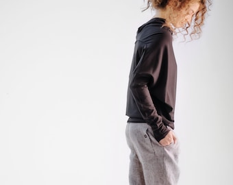 Muted Bordo Batwing Top, Oversized Cotton Blouse, Long Sleeve Yoga Shirt