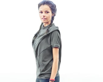 Military Green Cotton Blouse/ Oversized Short Sleeved Blouse/ Asymmetrical Minimalist Top / Summer Top / Gift Casual Top AryaSense/ TPRS14LG
