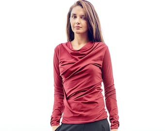Casual Red Top / Long Sleeved Draped Blouse/ Minimalist Soft Red Blouse / Fine Women Asymmetrical Top AryaSense/ TDRD14RRD