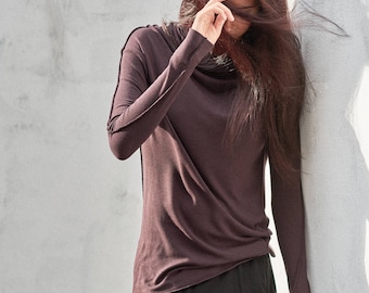 Muted Bordo Minimalist Top, Asymmetrical Knit Blouse, Long Sleeve Womens Top