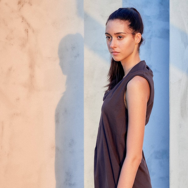 Muted Bordo Cotton Yoga Tank Top: Drape Collar Sleeveless Top