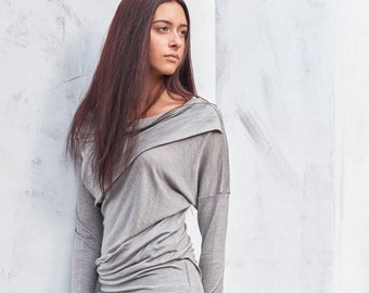 Asymmetrical Top / Drape Wool Top / Casual Long Sleeved Top/ Wrap Off Shoulder Top/ Heather Gray Blouse by Arya Sense / TDFLD17LGR