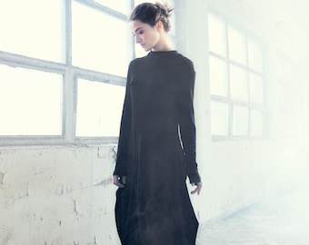 Black Maxi Dress: Handmade Long Sleeve Drape Dress