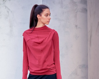 Minimalist Red Top / Loose Cotton Red Blouse / Long Sleeved Blouse / Asymmetrical Casual Top by AryaSense / TPRD12RR