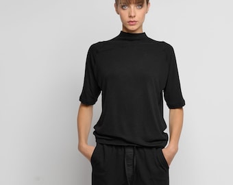 Black Mock Neck Top, Minimalist Half Sleeve Blouse, Womens Knit Top, Loose Fit Top, Capsule Wardrobe Piece