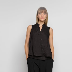 Linen Black Shirt / Sleeveless Shirt / Linen Top / Black Asymmetrical Shirt / Casual Oversized Shirt with Buttons / SHBJ23BK