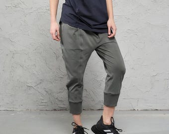 Olive Green Drop Crotch Cotton Yoga Pants with Pockets