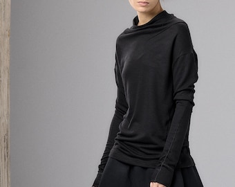 Black Asymmetrical Long Sleeve Blouse, Minimalist Knit Top, Elegant Black Top