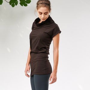 Dark Brown Yoga Tunic Top, Womens Clothing, Arya Capped Sleeves Tunic Top, Casual Blouse by AryaSense, DB24.1092