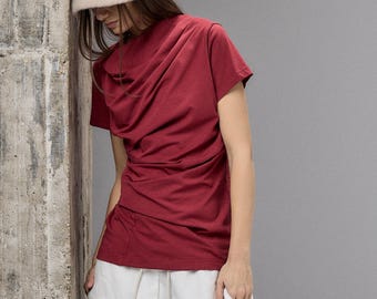 Ruby Red Asymmetrical Top, Draped Cowl Blouse, Short Sleeve Womens Top, Elegant Drape Top