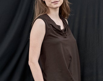 Drape Collar Cotton Tank Top In Dark Brown / TKMS17DBR