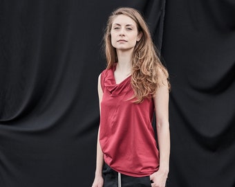 Drape Collar Cotton Tank Top In Ruby Red / TKMS17RRD
