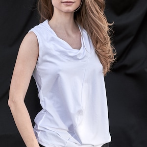 Drape Collar Cotton Tank Top In White / TKMS17WHT