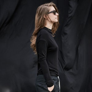 Soft Minimalist Top / Long Sleeved Top / Black Casual Top / Futuristic Women&#39;s Blouse / Asymmetrical Top by AryaSense / TPPD16BLK