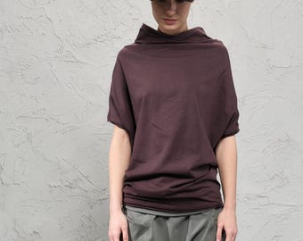 Oversized Muted Bordo Top, Short Sleeve Blouse, Cotton Blend Top