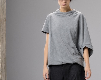 Gray Asymmetrical Top, Draped Cotton Blouse, Minimalist Balloon Top