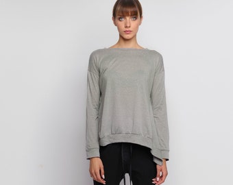 Boatneck Long Sleeve Top: Asymmetrical Cotton Blouse