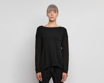 Boatneck Long Sleeve Top: Asymmetrical Polyviscose Blouse
