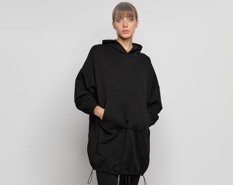 Oversized Black Cotton Hoodie: Long Sleeve Sweatshirt with Pockets