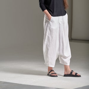 White Cropped Linen Pants/ Extravagant Drop Crotch Pants/ Loose Linen Trousers / Harem Pants by AryaSense / PLLCR20WH