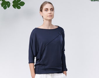 Asymmetrical Boatneck Top / Muted Blue Top / Casual Top / Loose Top by AryaSense / TWDR20MBLU
