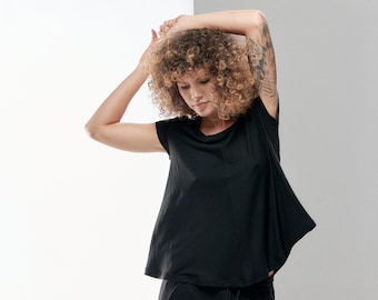 Black Cotton Top / Short-Sleeved Blouse / Black Loose Top by Arya Sense/ TKM21BLK