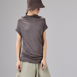 Brown Grey Asymmetrical Top, Minimalist Cap Sleeve Blouse, High Neck Womens Top, Soft Knit Clothing, Capsule Wardrobe Piece