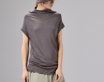 Brown Grey Asymmetrical Top, Minimalist Cap Sleeve Blouse, High Neck Womens Top, Soft Knit Clothing, Capsule Wardrobe Piece